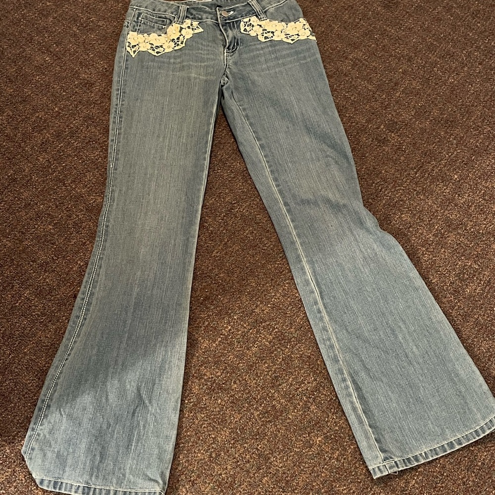 Boston Proper Blue Flare Jeans with Cream Lace